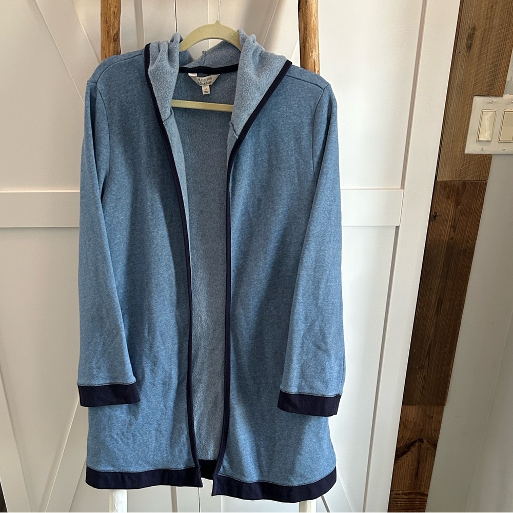 Blue Hooded Cardigan with Navy Trim and Pockets. Cotton Blend. Supper soft!